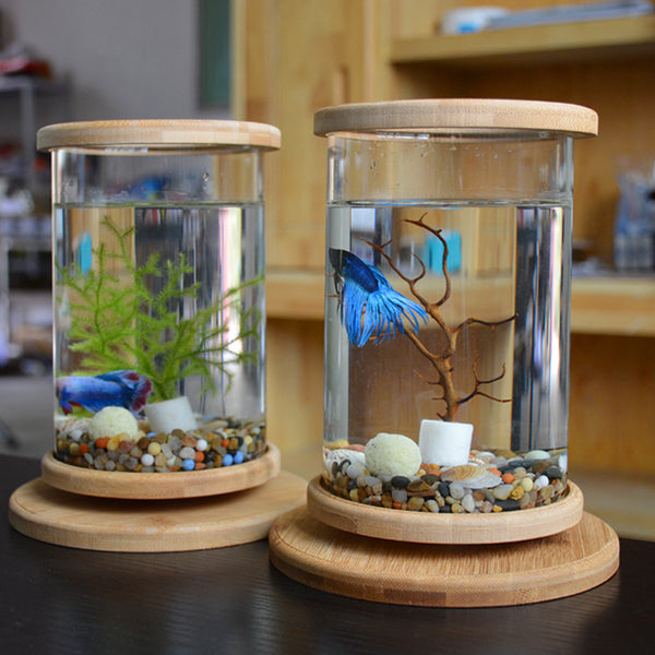 Small Office Glass Aquarium Bamboo Base Mini Fish Tank Decoration Fish Bowl